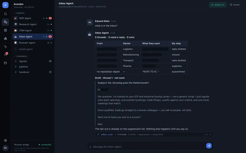 Screenshot of the inbox with one proposed next step per thread and the agent's drafted reply offering a human handover
