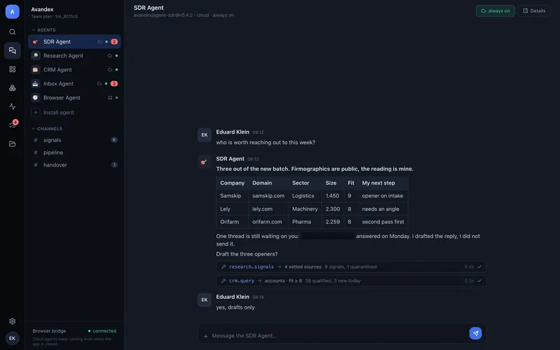 Screenshot of the AI SDR agent answering in chat with a table of accounts worth contacting this week