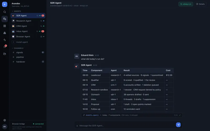 Screenshot of one day of the AI SDR run, component by component, with the API cost of the signals step