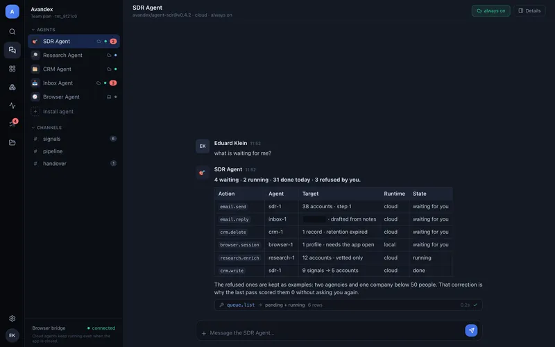 Screenshot of the approval queue where every outgoing action of the autonomous agents waits for a human decision