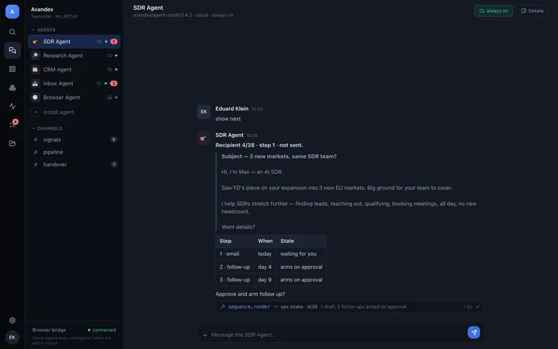 Screenshot of the cold email draft written by the agent, with the two follow-ups waiting for approval