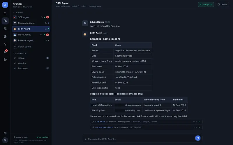 Screenshot of one CRM account record showing source, lawful basis, retention date and the contacts held on it