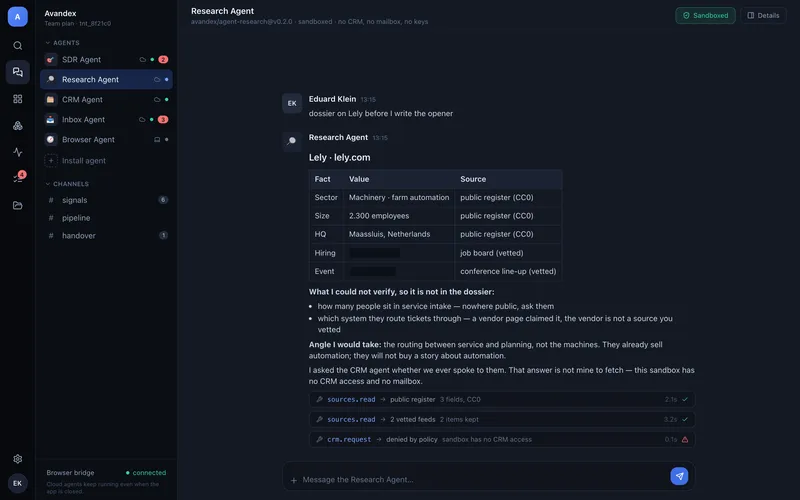 Screenshot of the sandboxed research agent returning a sourced dossier after its CRM request was denied by policy