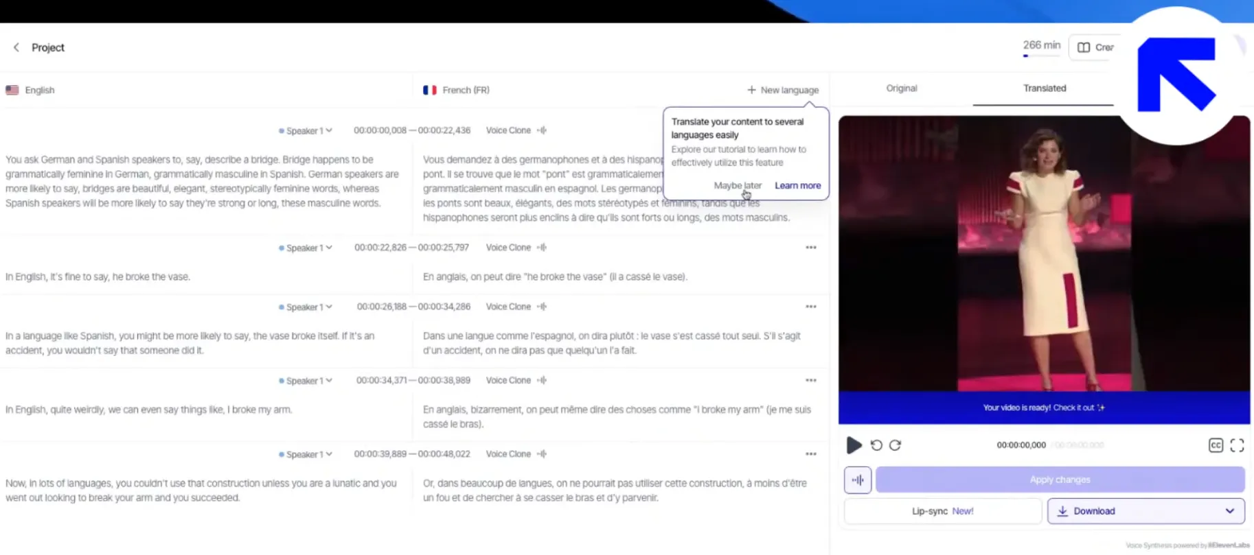 Interface showing video translation and voice cloning features